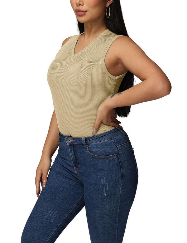 Ribbed Solid Color V Neck Sleeveless Top