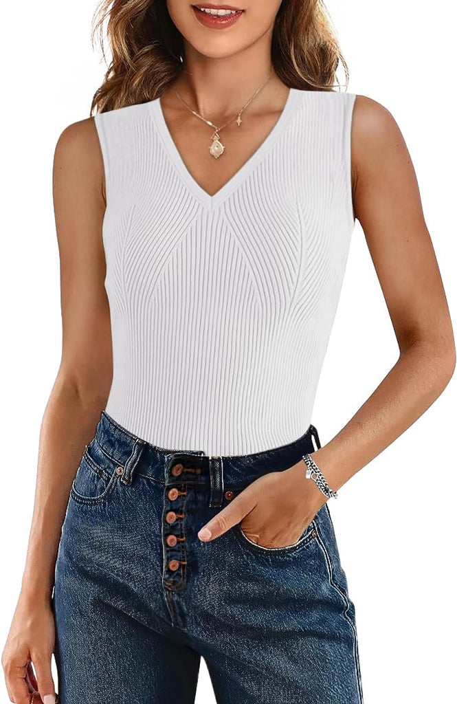 Ribbed Solid Color V Neck Sleeveless Top