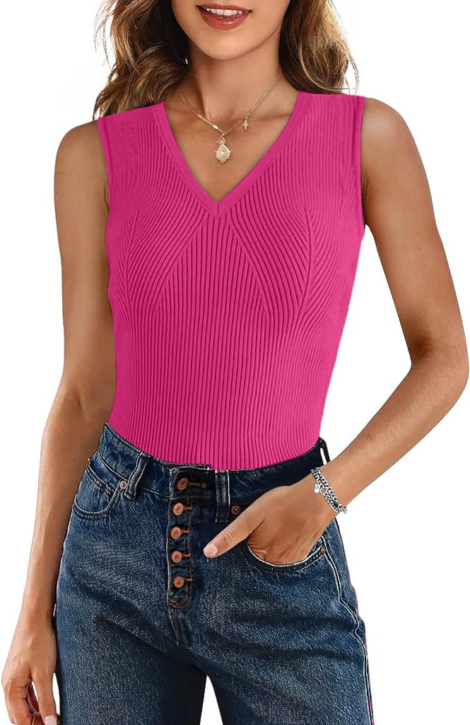 Ribbed Solid Color V Neck Sleeveless Top