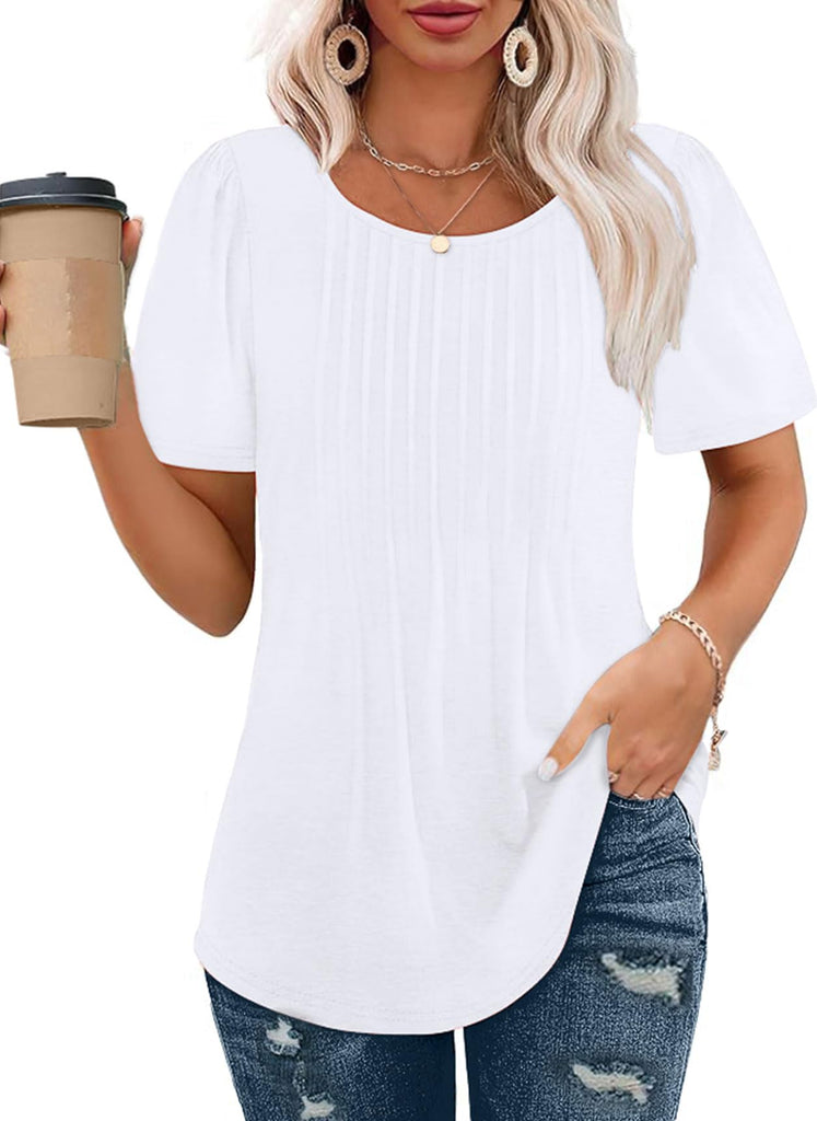 Short Sleeve Pleated Crew Neck Top