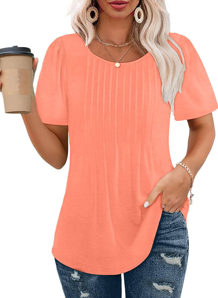 Short Sleeve Pleated Crew Neck Top