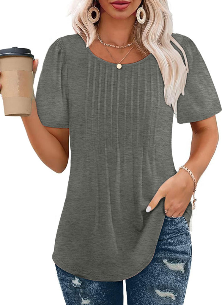 Short Sleeve Pleated Crew Neck Top