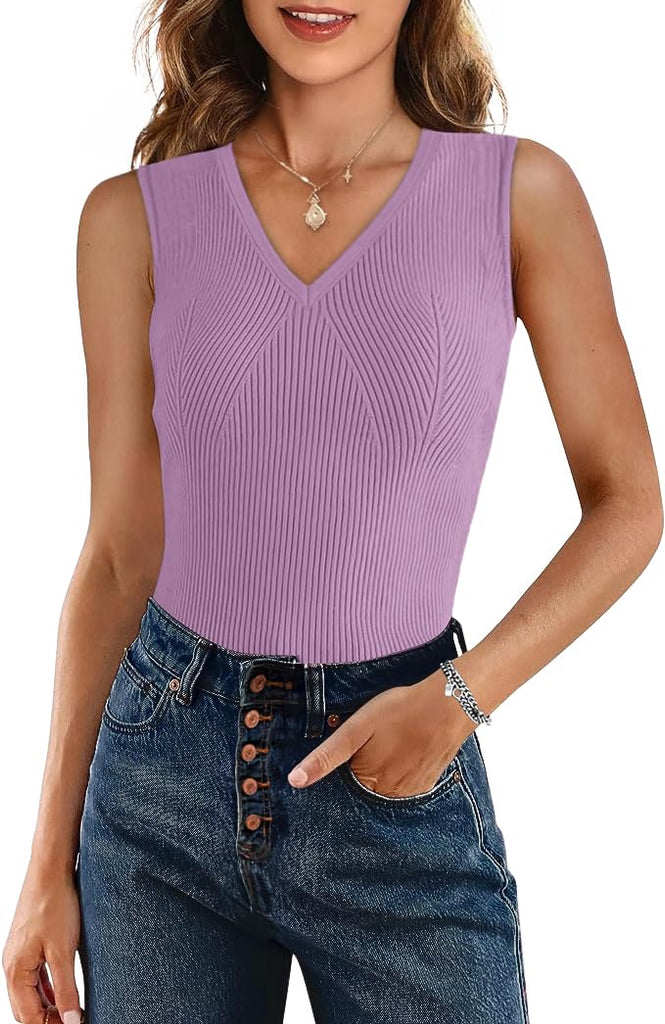 Ribbed Solid Color V Neck Sleeveless Top