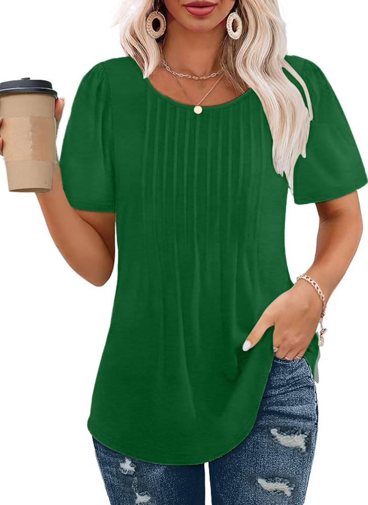 Short Sleeve Pleated Crew Neck Top