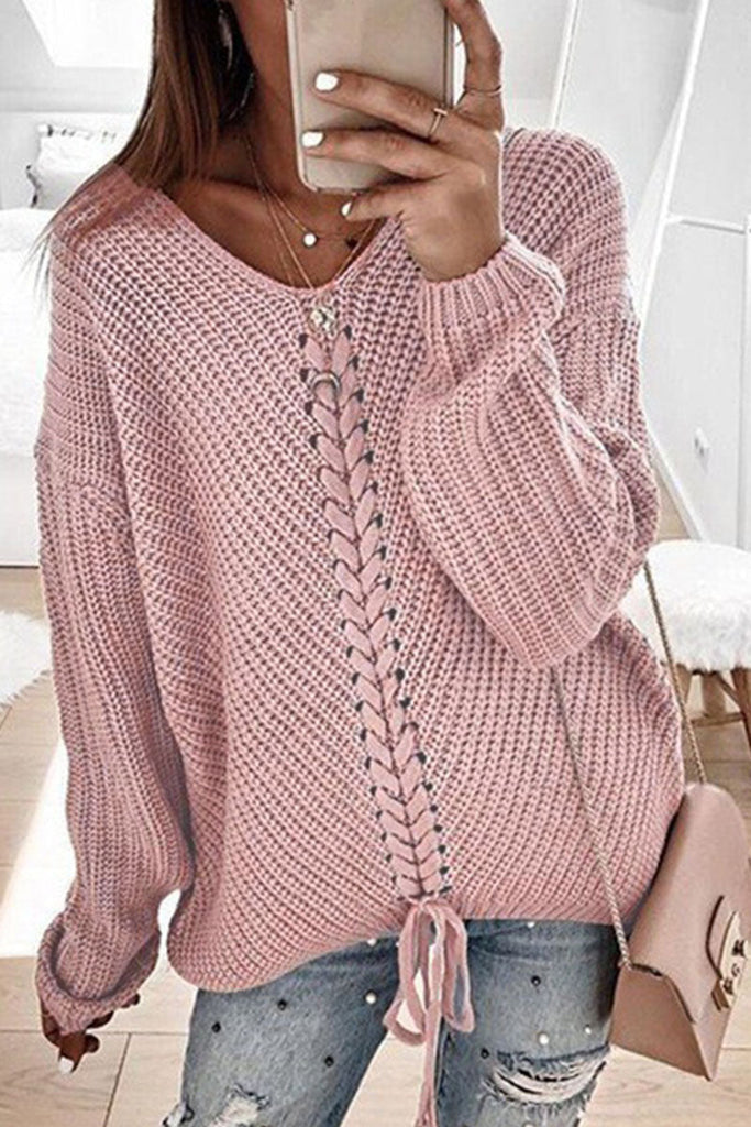 Fashion Street Adult Solid Patchwork Pullovers V Neck Sweaters(7 colors)