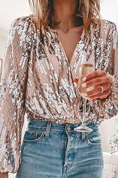 Fashion Elegant Patchwork Fold Sequins V Neck Tops