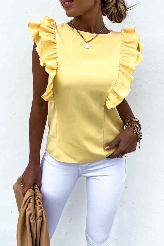 Casual Solid Flounce O Neck Tops