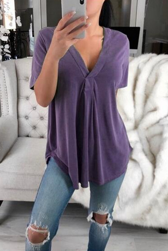 Casual Solid Patchwork V Neck T-Shirts