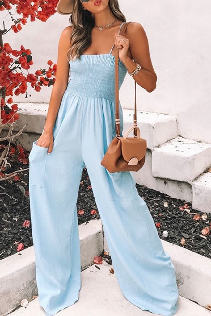 Fashion Living Solid Pocket Spaghetti Strap Loose Jumpsuits