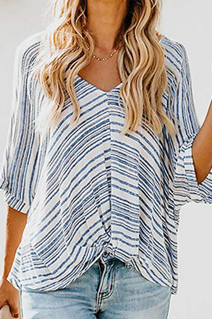 Casual Striped Patchwork V Neck T-Shirts