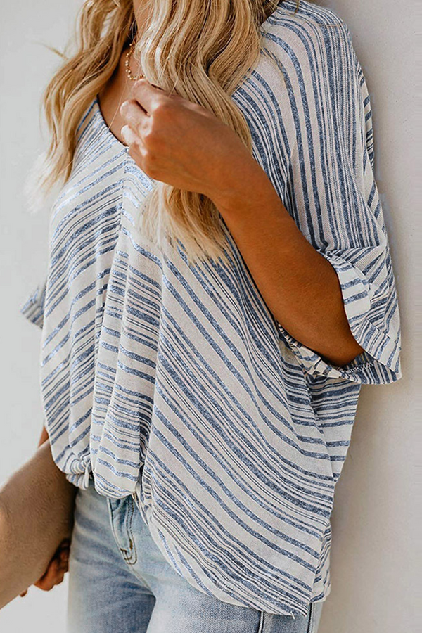 Casual Striped Patchwork V Neck T-Shirts