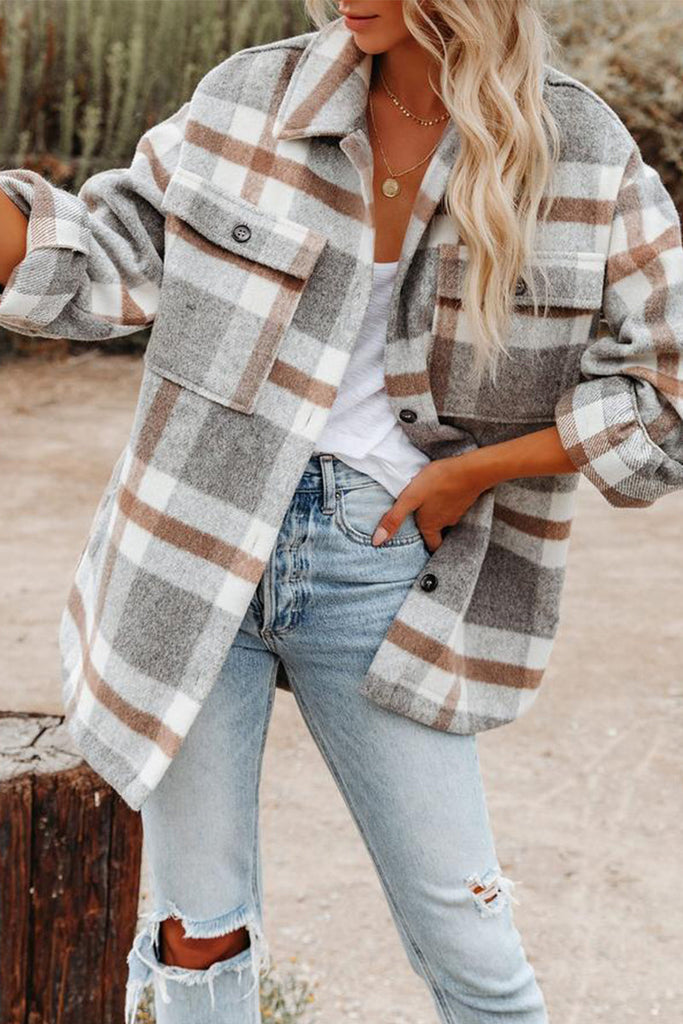 Casual Plaid Patchwork Turndown Collar