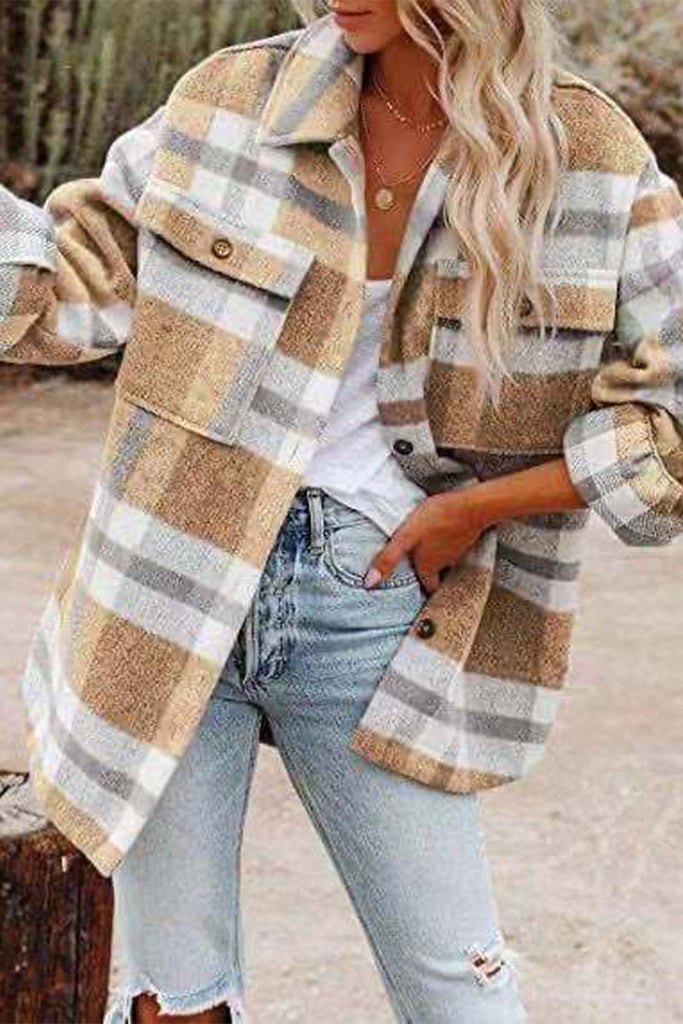 Casual Plaid Patchwork Turndown Collar