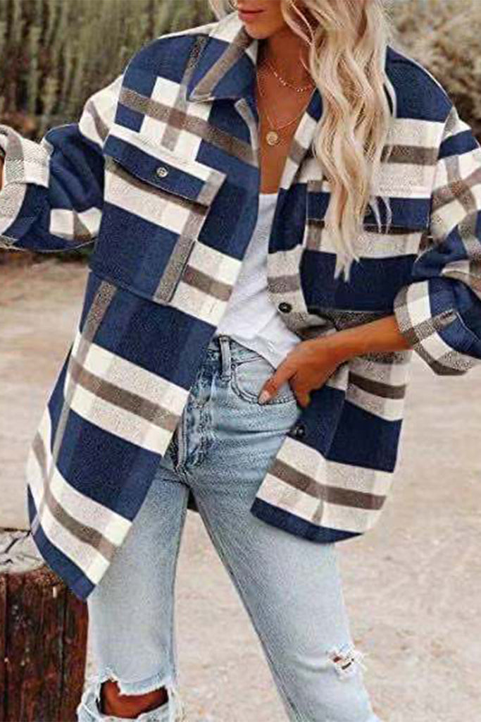 Casual Plaid Patchwork Turndown Collar