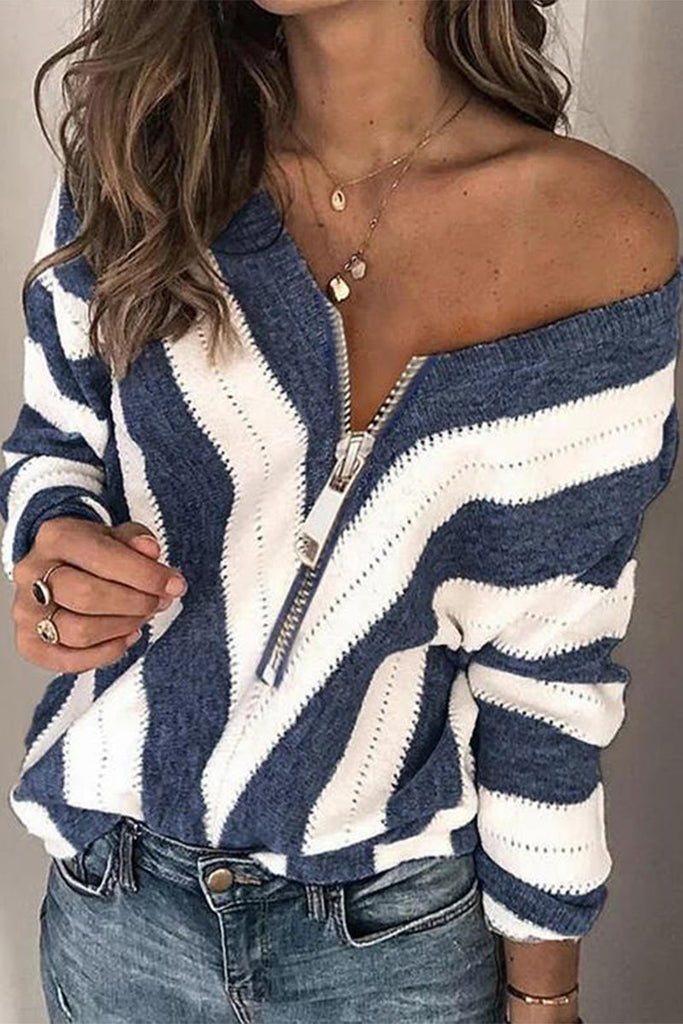 Sexy Sweet Striped Patchwork Printing V Neck Tops