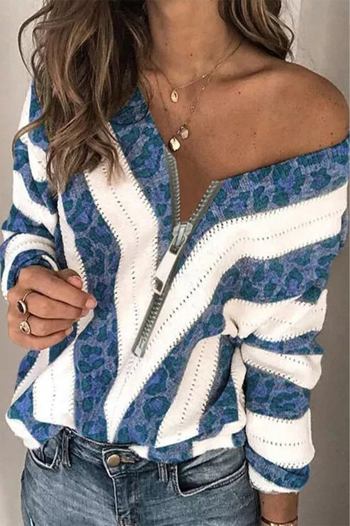 Sexy Sweet Striped Patchwork Printing V Neck Tops