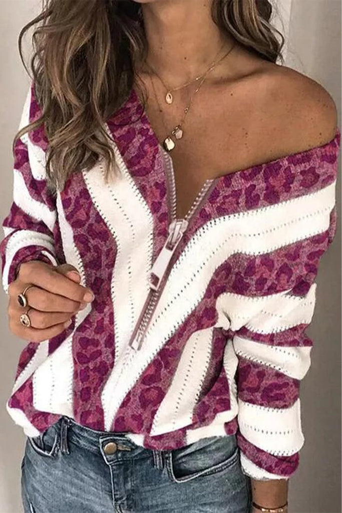 Sexy Sweet Striped Patchwork Printing V Neck Tops