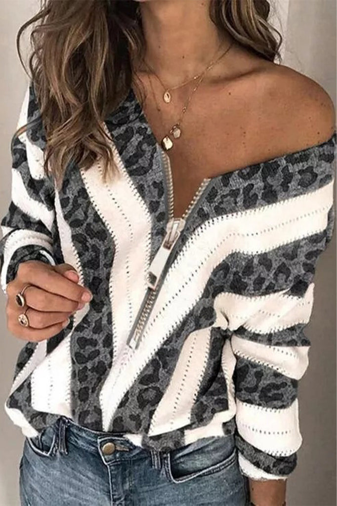 Sexy Sweet Striped Patchwork Printing V Neck Tops