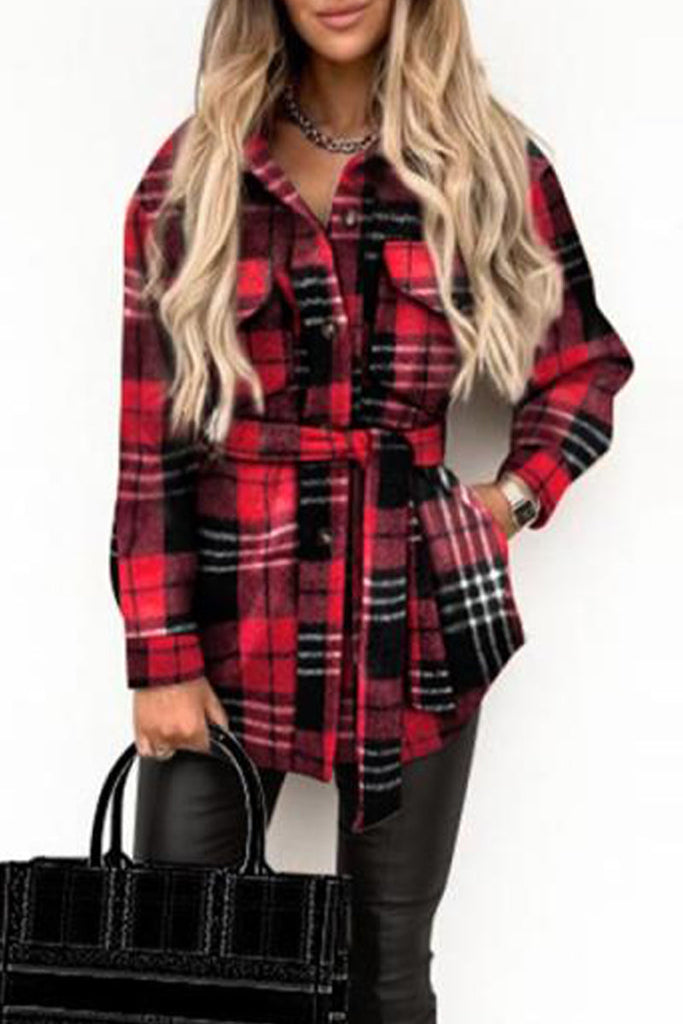 Street Plaid Buckle With Belt Turndown Collar