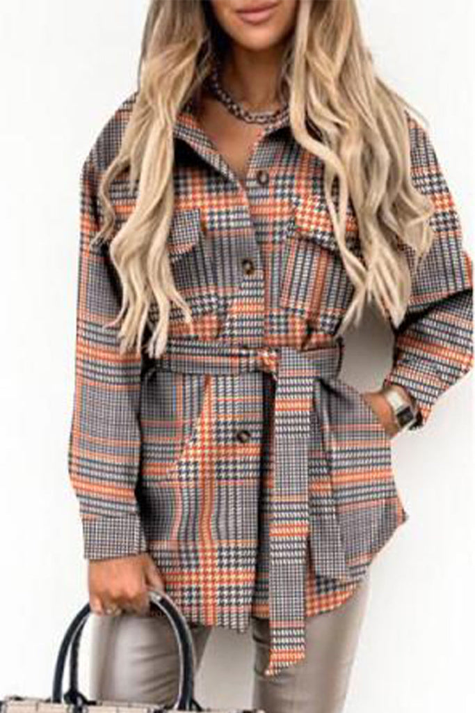 Street Plaid Buckle With Belt Turndown Collar