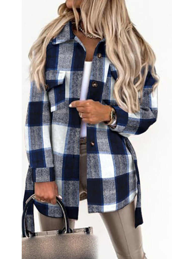 Street Plaid Buckle With Belt Turndown Collar