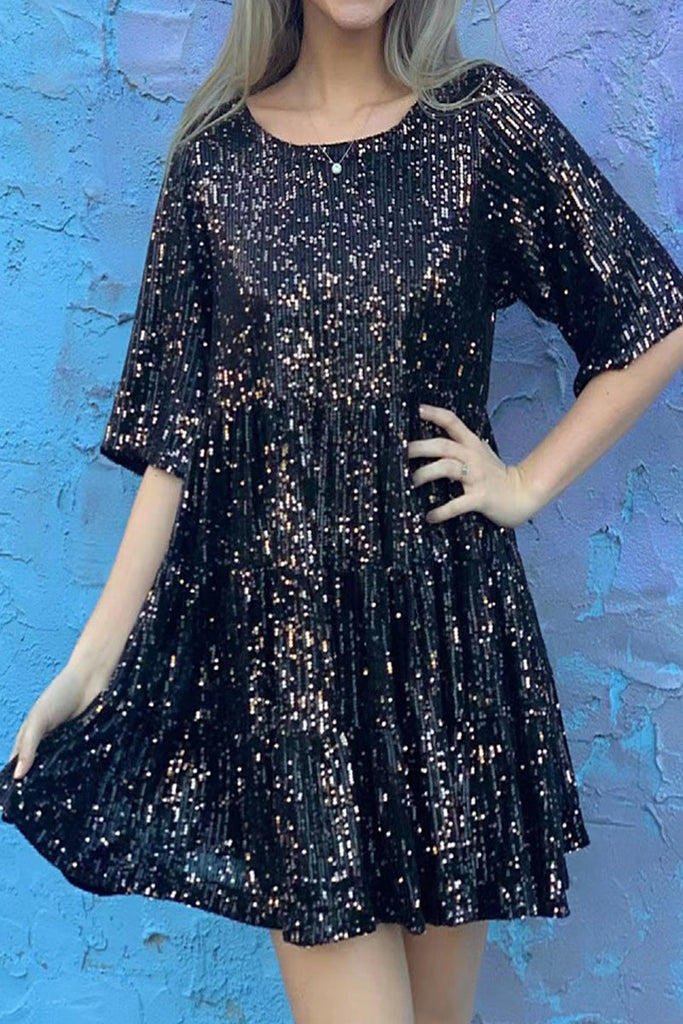 Casual Solid Sequins O Neck One Step Skirt Short Sleeve Dress