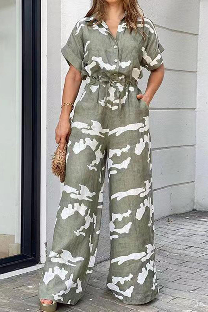 Casual Street Print Patchwork Frenulum Turndown Collar Regular Jumpsuits