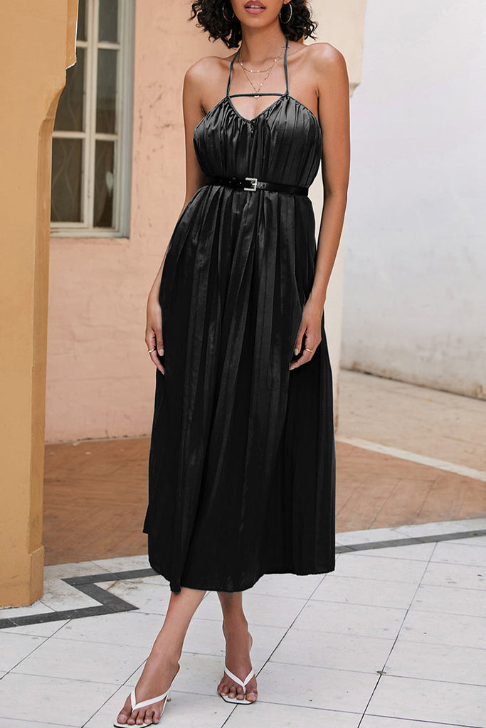 Sexy Vacation Solid Fold With Belt Halter A Line Dresses