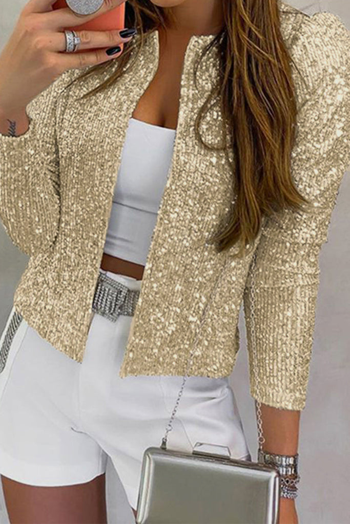 Solid Sequins Patchwork O Neck(7 Colors)