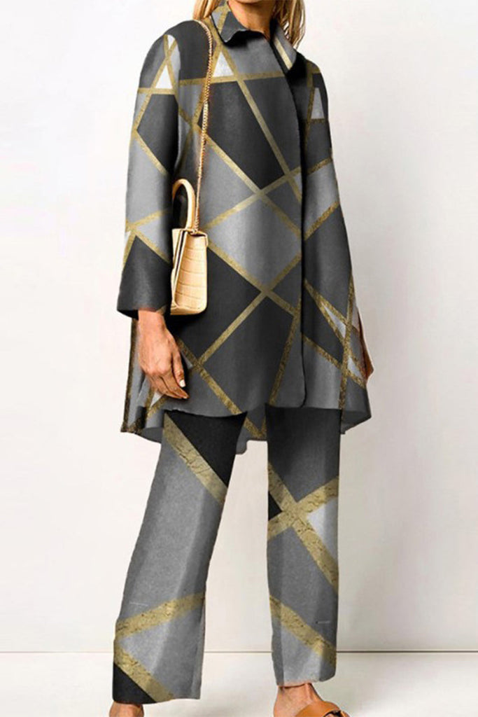 Casual Geometric Printing Turndown Collar Long Sleeve Two Pieces(8 Colors)