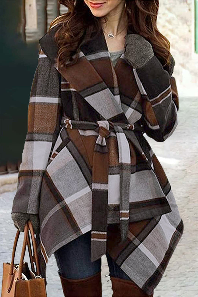 Casual Plaid Asymmetrical Turndown Collar