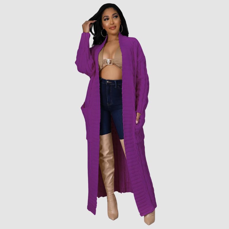 Solid Color Long Jacquard Cardigan