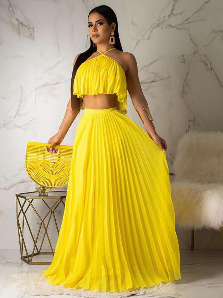 2 Piece Boho Off Shoulder Crop Top+Pleated Skirts Sets Tiynon