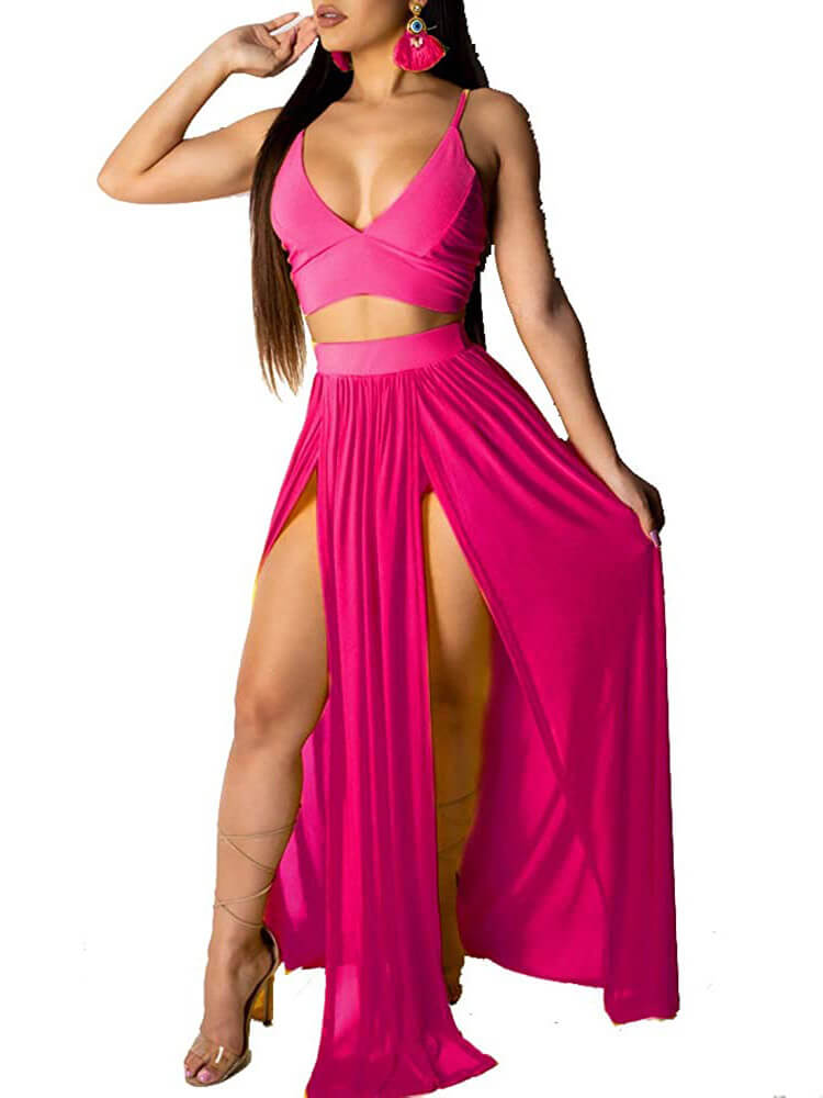 2 Piece Chiffon Spaghetti Top+Slit Skirt Sets Tiynon