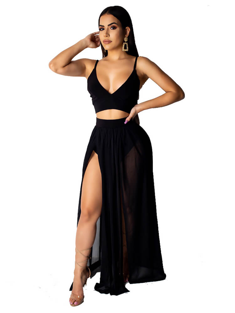 2 Piece Chiffon Spaghetti Top+Slit Skirt Sets Tiynon