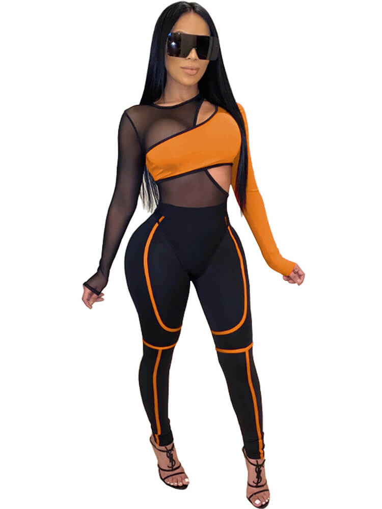 2 Piece Crop Tops+Hollow Mesh Bodycon Jumpsuits Suits Tiynon