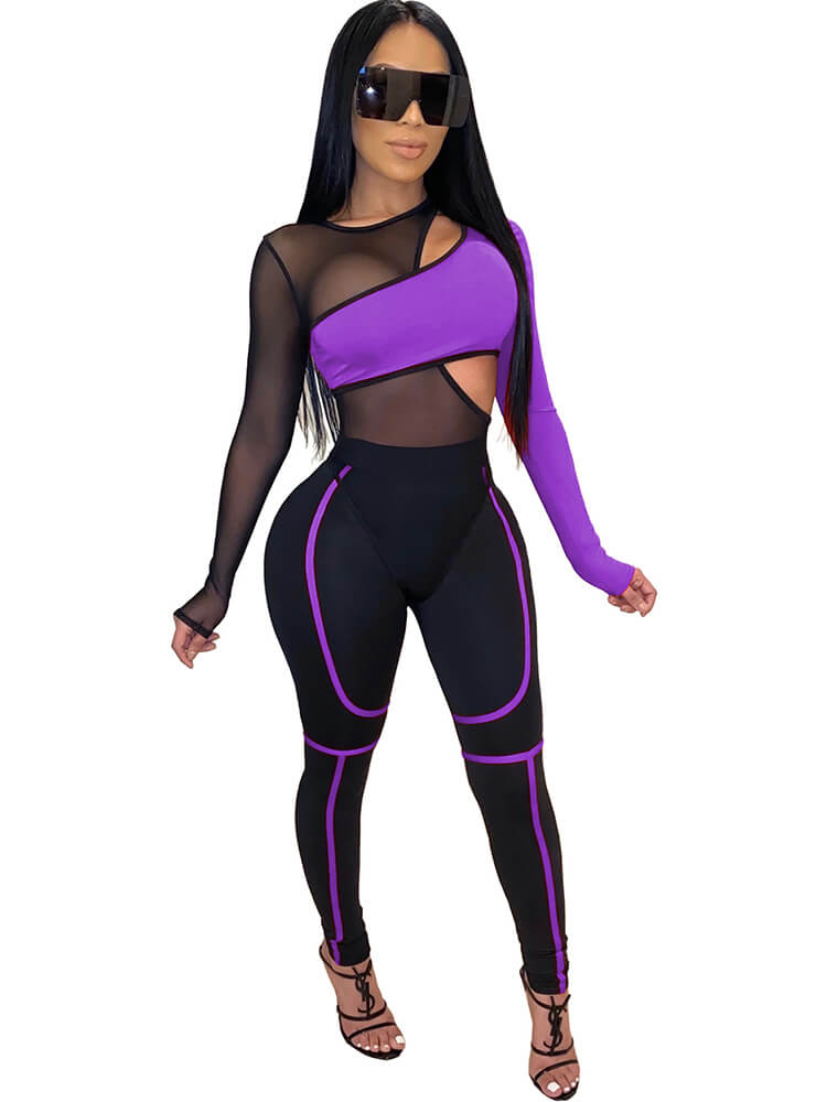 2 Piece Crop Tops+Hollow Mesh Bodycon Jumpsuits Suits Tiynon