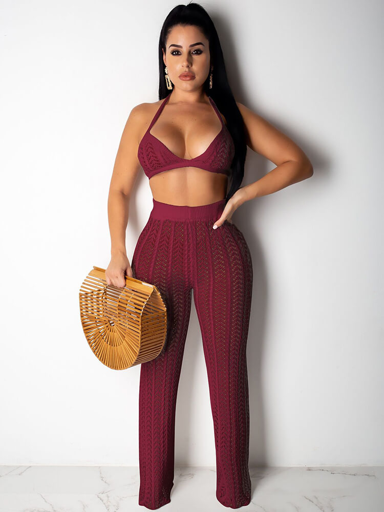 2 Piece Crotchet Halter Bra Crop Top+Wide Leg Pants Sets Tiynon