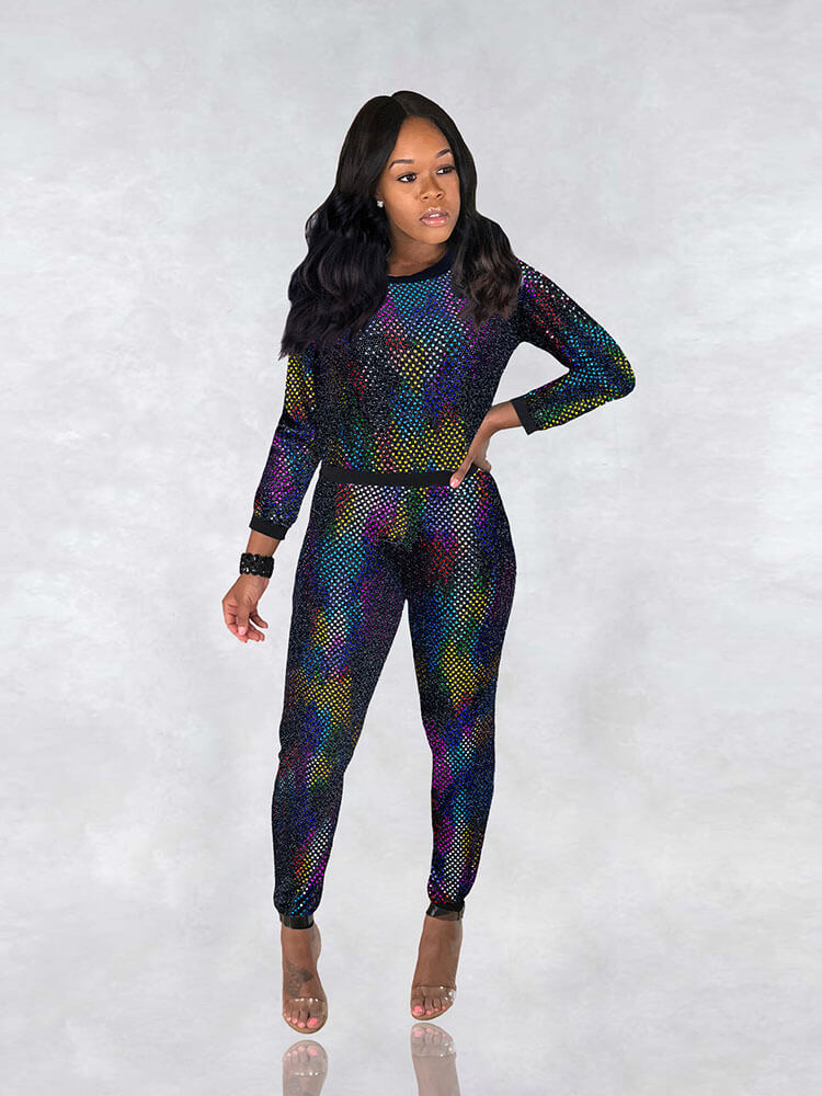 2 Piece Glitter Sequin Metallic Top+Pants Sets Tiynon