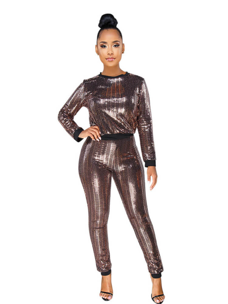 2 Piece Glitter Sequin Metallic Top+Pants Sets Tiynon