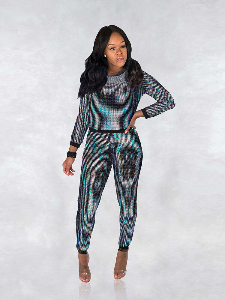 2 Piece Glitter Sequin Metallic Top+Pants Sets Tiynon