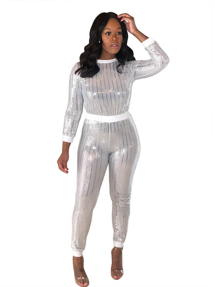 2 Piece Glitter Sequin Metallic Top+Pants Sets Tiynon