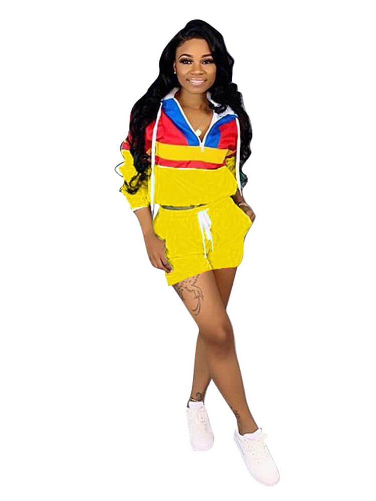 2 Piece Outfits Color Block Windbreaker+Shorts Sets Tiynon