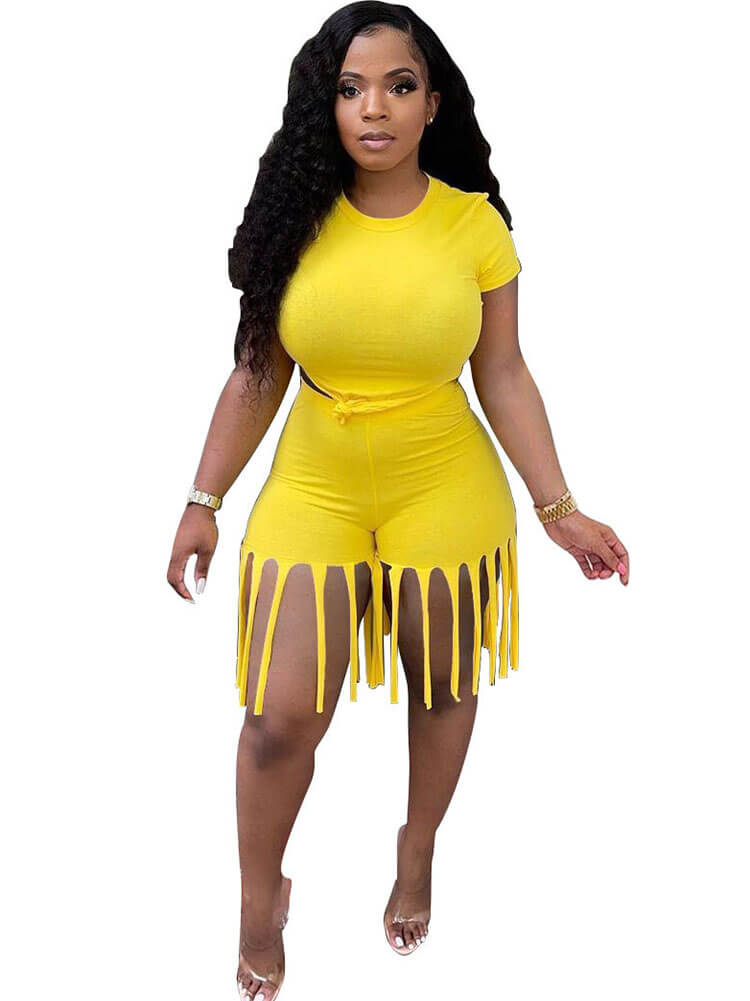 2 Piece Plus Size Knot Front Short Sleeve Tops Tassels Shorts Tiynon