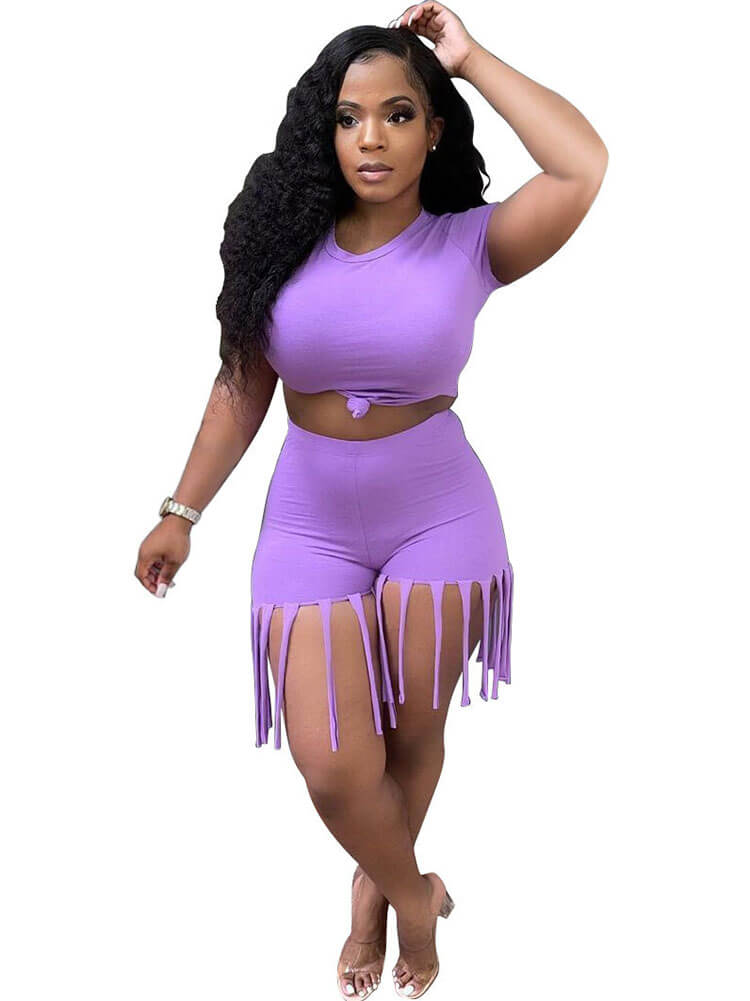 2 Piece Plus Size Knot Front Short Sleeve Tops Tassels Shorts Tiynon