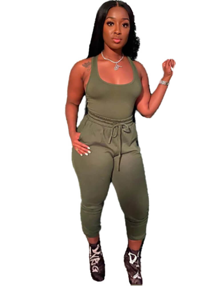 2 Piece Sleeveless Solid Color Tank Tops+Pants Sets Tiynon