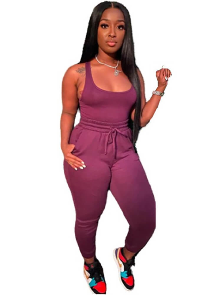 2 Piece Sleeveless Solid Color Tank Tops+Pants Sets Tiynon