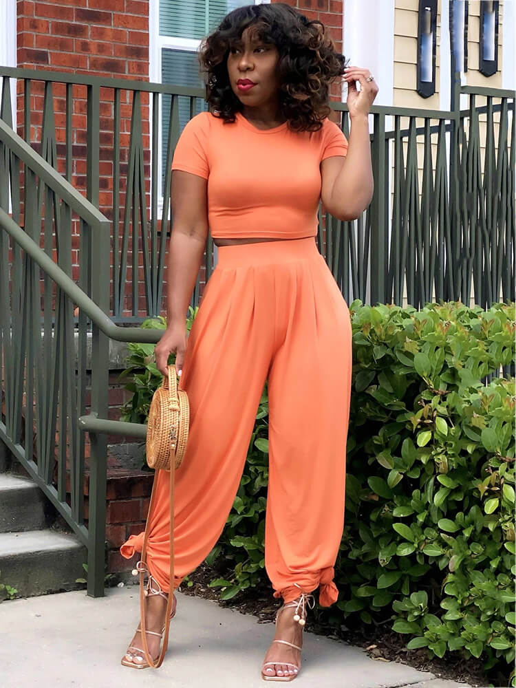 2 Piece Solid Color Short Sleeve Crop Top+Wide Leg Pant Sets Tiynon