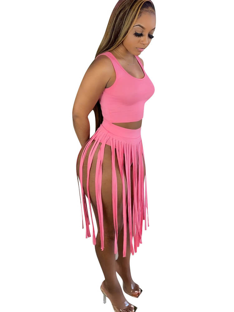 2 Piece Solid Color Tank Top+Tassels Skirt Sets Tiynon