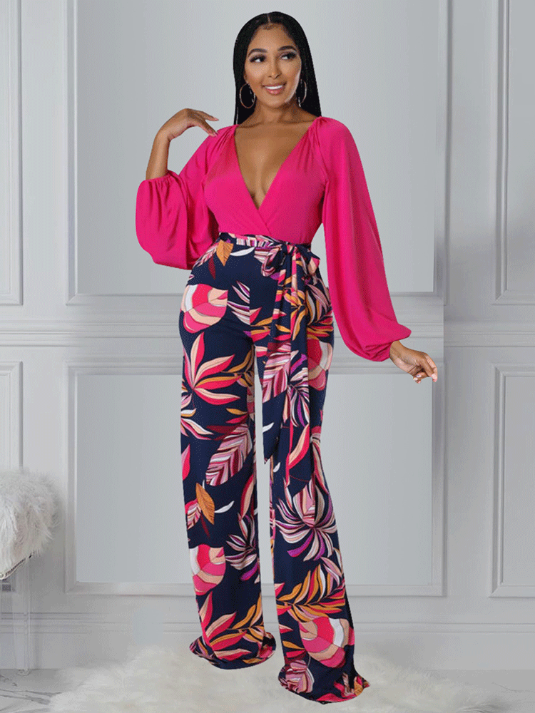 2 Piece V Neck Tops Floral Pants Set Tiynon